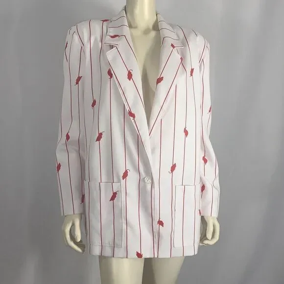 Vintage Tan Jay White Cherry Red Striped Blazer Jacket Women’s Size 18 - Picture 1 of 13